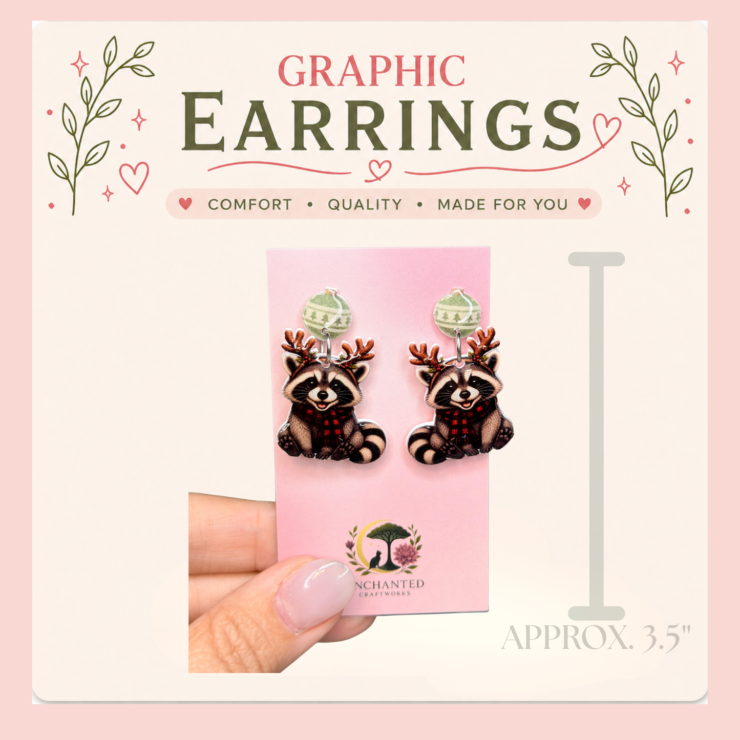 Christmas Raccoon Dangle Earrings, Reindeer Raccoon Holiday Earrings, Cute Woodland Resin Sealed Lightweight Jewelry