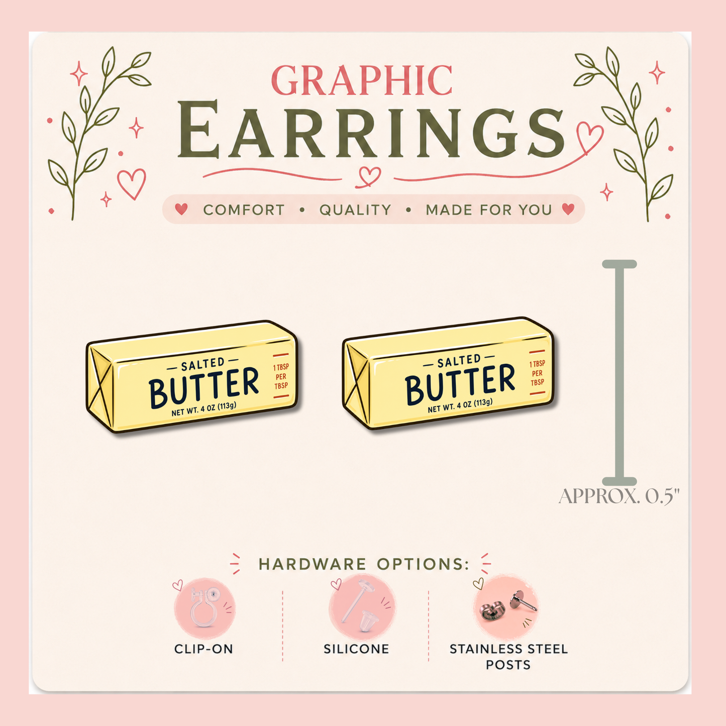 Butter Stud Earrings, Funny Food Earrings, Salted Butter Studs, Mini Food Jewelry, Cute Kitchen Earrings, Foodie Gift