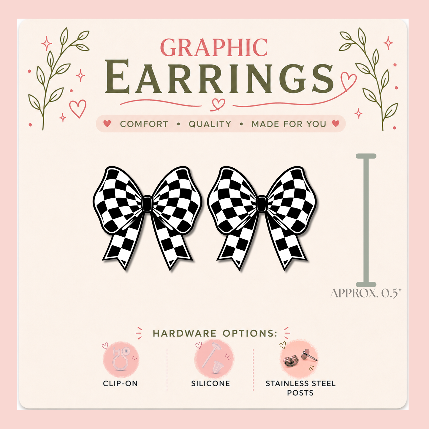 Black and White Checkered Bow Stud Earrings, Checkerboard Coquette Earrings, Retro Graphic Studs, Lightweight Bow Jewelry