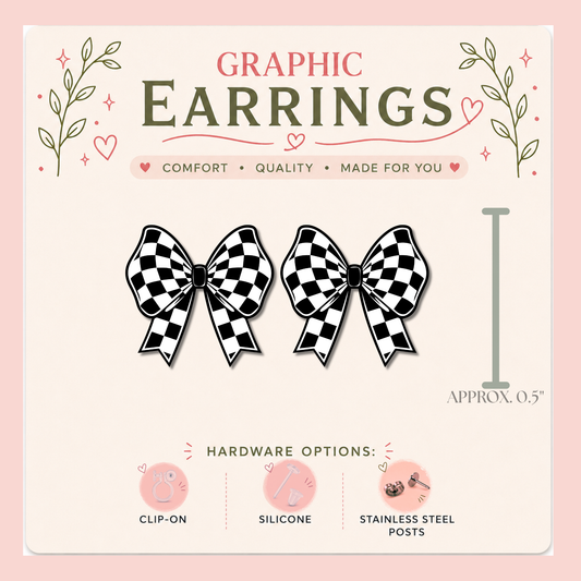 Black and White Checkered Bow Stud Earrings, Checkerboard Coquette Earrings, Retro Graphic Studs, Lightweight Bow Jewelry