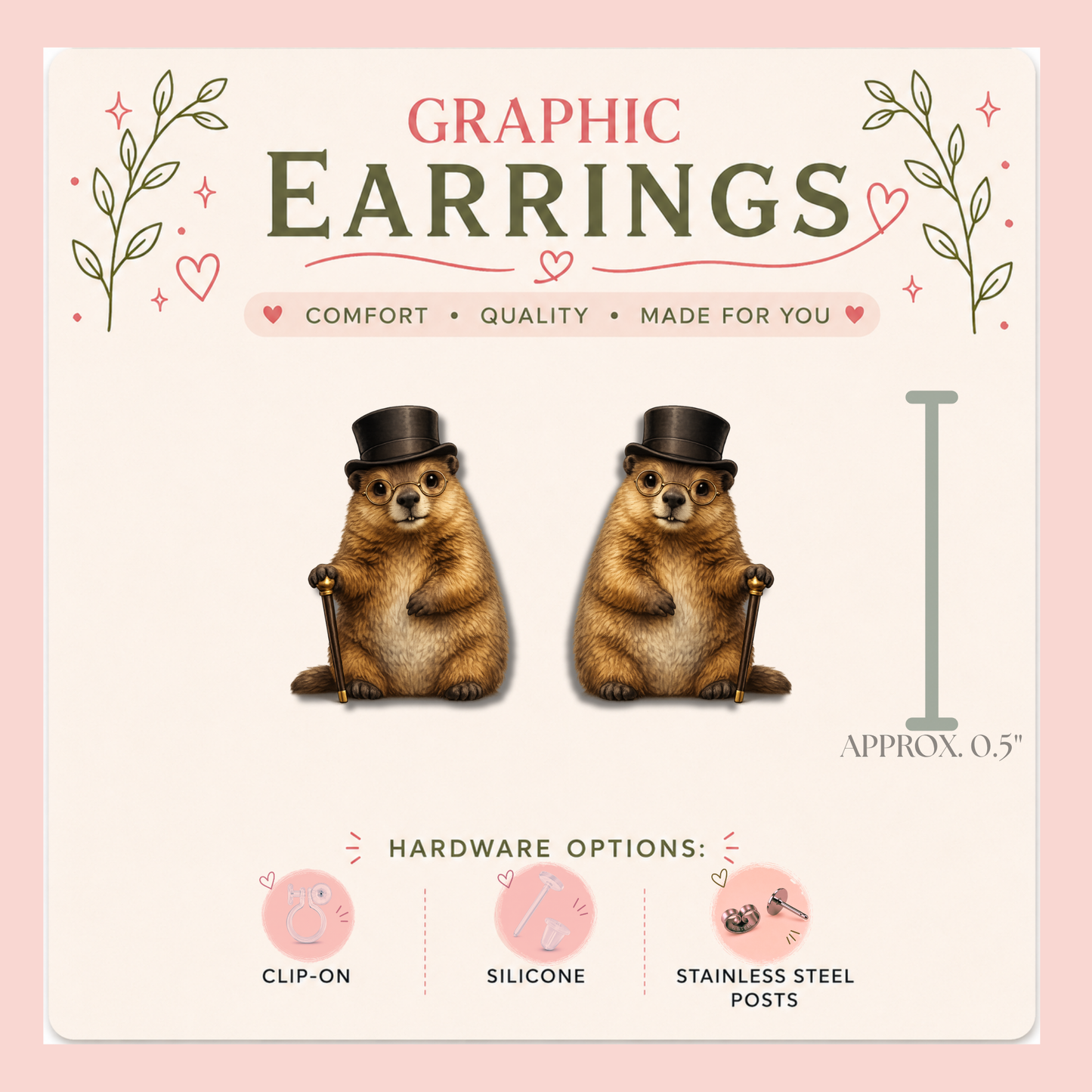 Groundhog Stud Earrings with Top Hat, Cute Groundhog Earrings, Groundhog Day Jewelry, Whimsical Animal Studs, Funny Gift