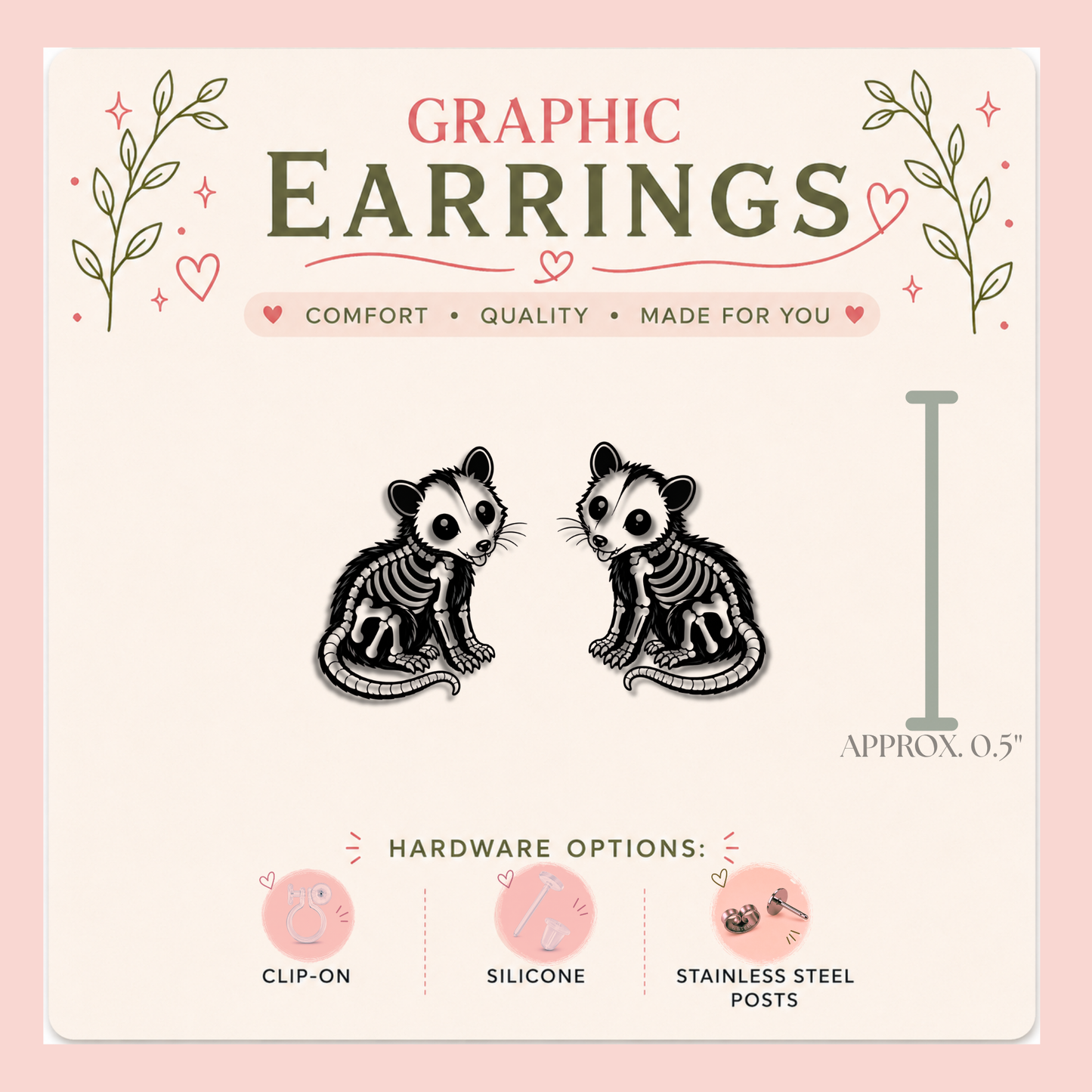 Skeleton Opossum Stud Earrings, Cute Spooky Possum Earrings, Gothic Animal Studs, Halloween Earrings, Oddity Jewelry