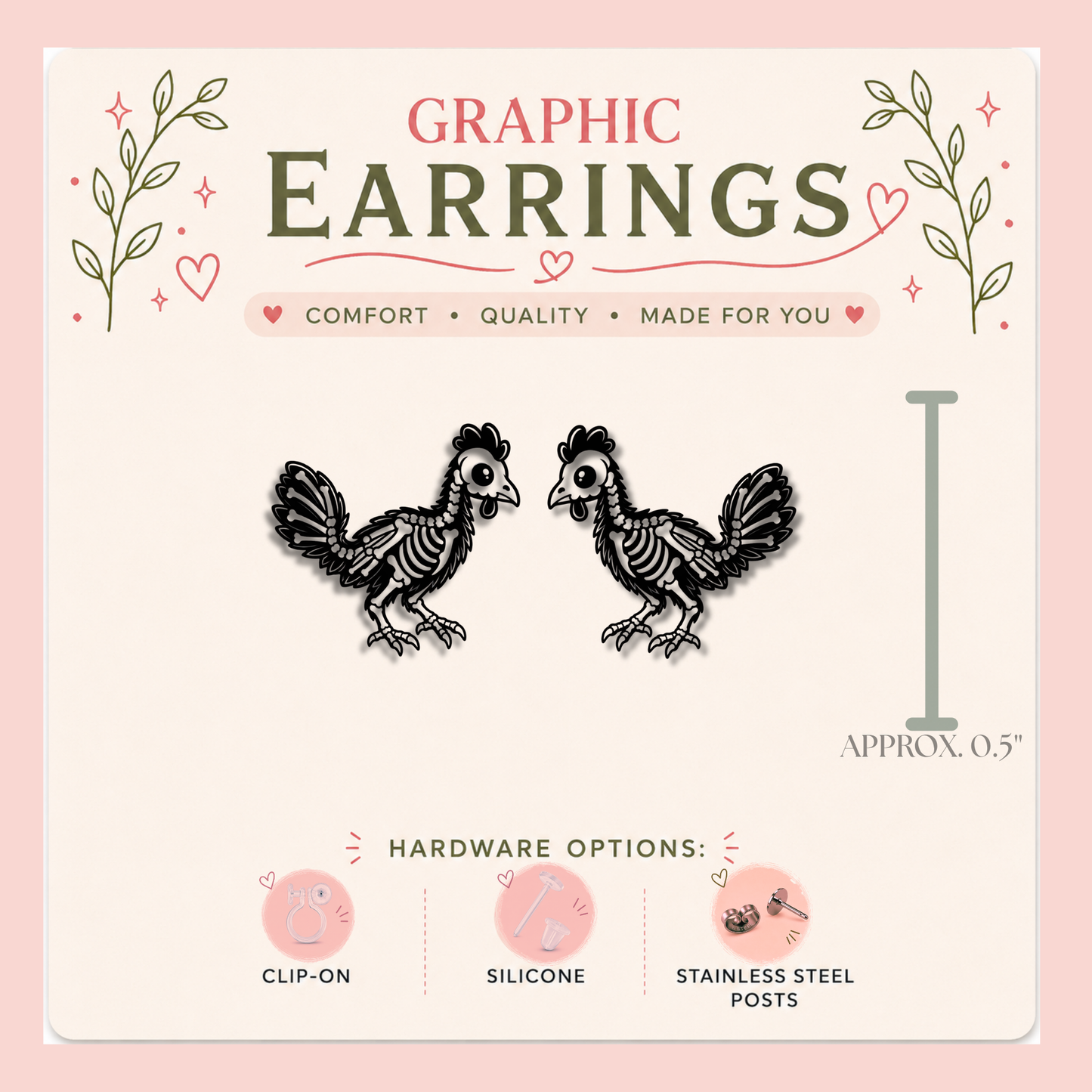 Skeleton Chicken Stud Earrings, Spooky Chicken Earrings, Gothic Farm Animal Studs, Halloween Jewelry, Chicken Lover Gift
