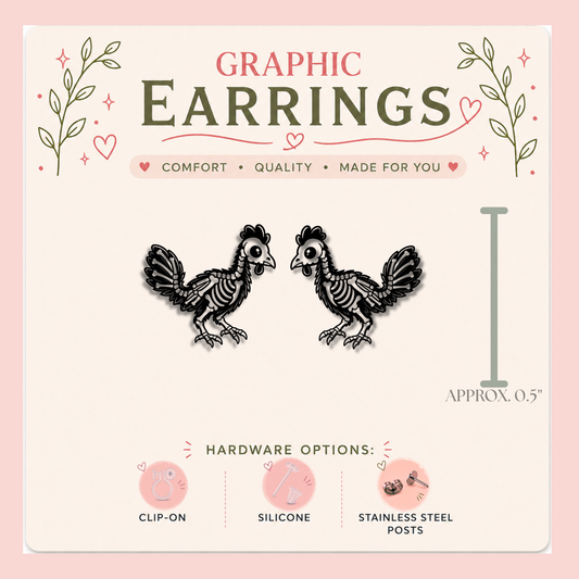 Skeleton Chicken Stud Earrings, Spooky Chicken Earrings, Gothic Farm Animal Studs, Halloween Jewelry, Chicken Lover Gift