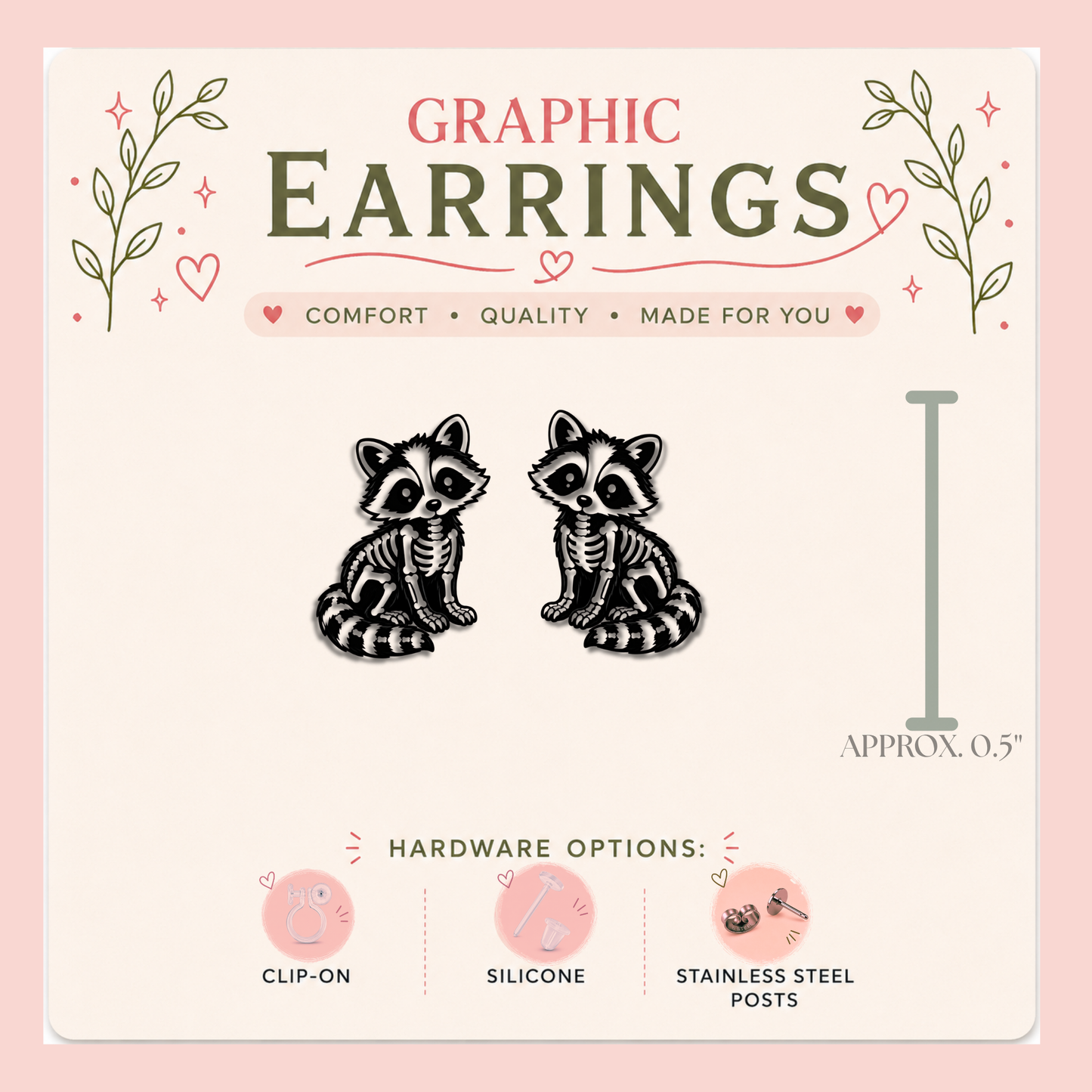 Skeleton Raccoon Stud Earrings, Spooky Raccoon Earrings, Creepy Cute Animal Studs, Gothic Halloween Jewelry, Raccoon Gift