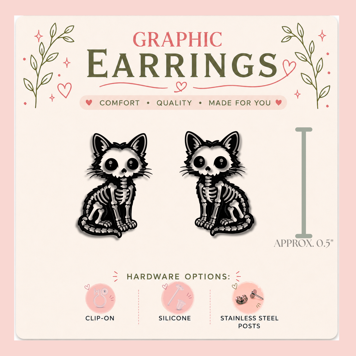 Skeleton Cat Stud Earrings, Spooky Black Cat Earrings, Gothic Kitty Studs, Halloween Jewelry, Creepy Cute Cat Lover Gift