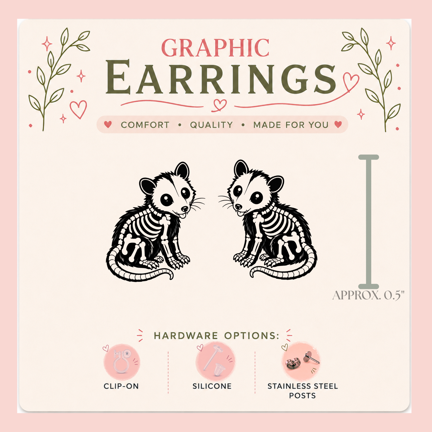 Skeleton Opossum Stud Earrings, Spooky Possum Earrings, Creepy Cute Animal Studs, Gothic Halloween Jewelry, Opossum Gift