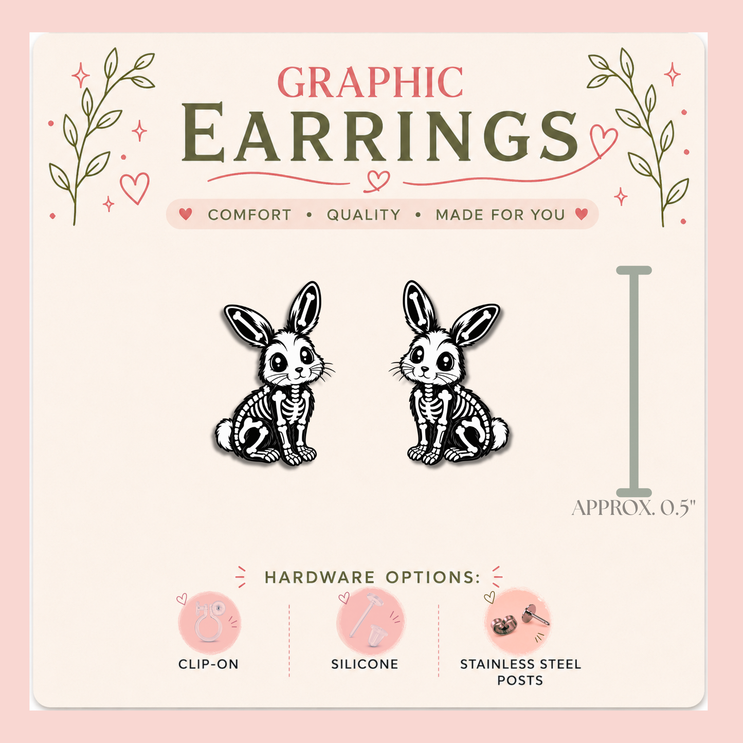 Skeleton Bunny Stud Earrings, Spooky Gothic Halloween Jewelry, Lightweight Plastic (0.5")
