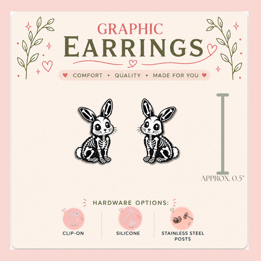 Skeleton Bunny Stud Earrings, Spooky Gothic Halloween Jewelry, Lightweight Plastic (0.5")