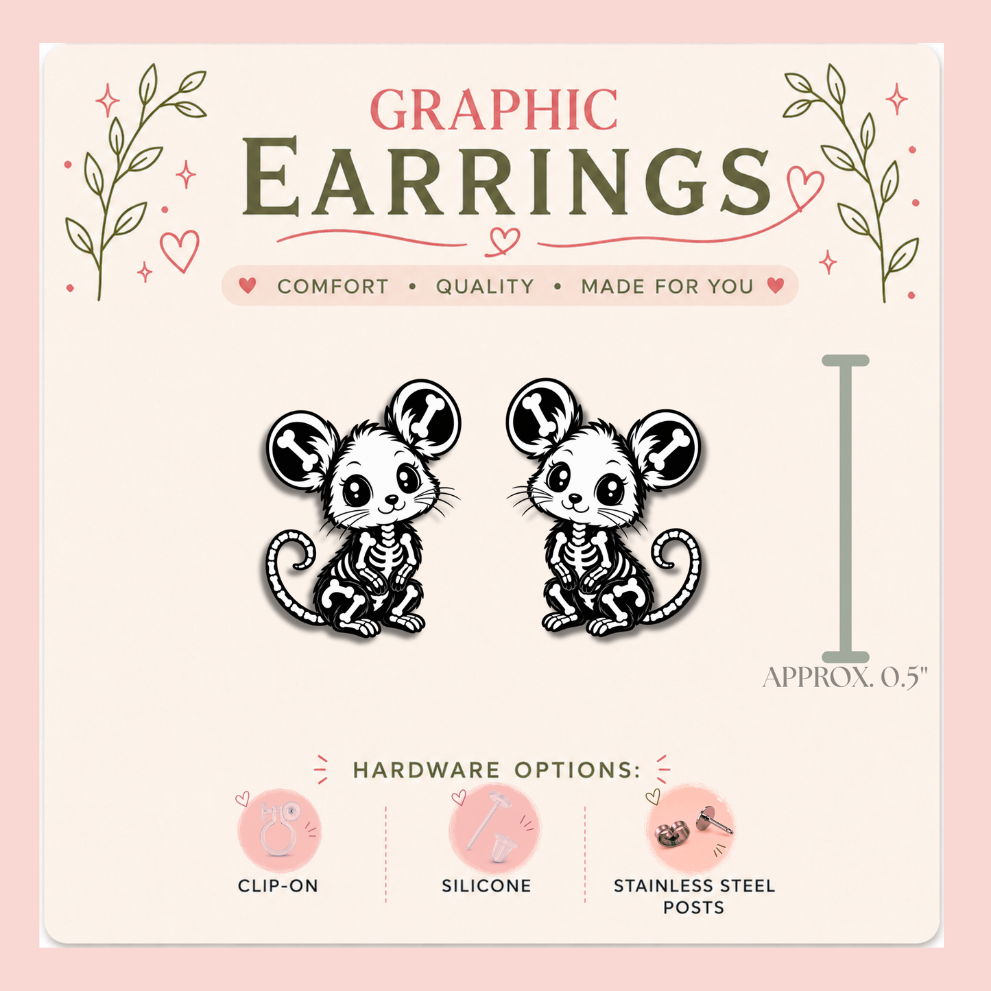 Skeleton Mouse Stud Earrings, Spooky Gothic Animal Jewelry, Lightweight Plastic (0.5")