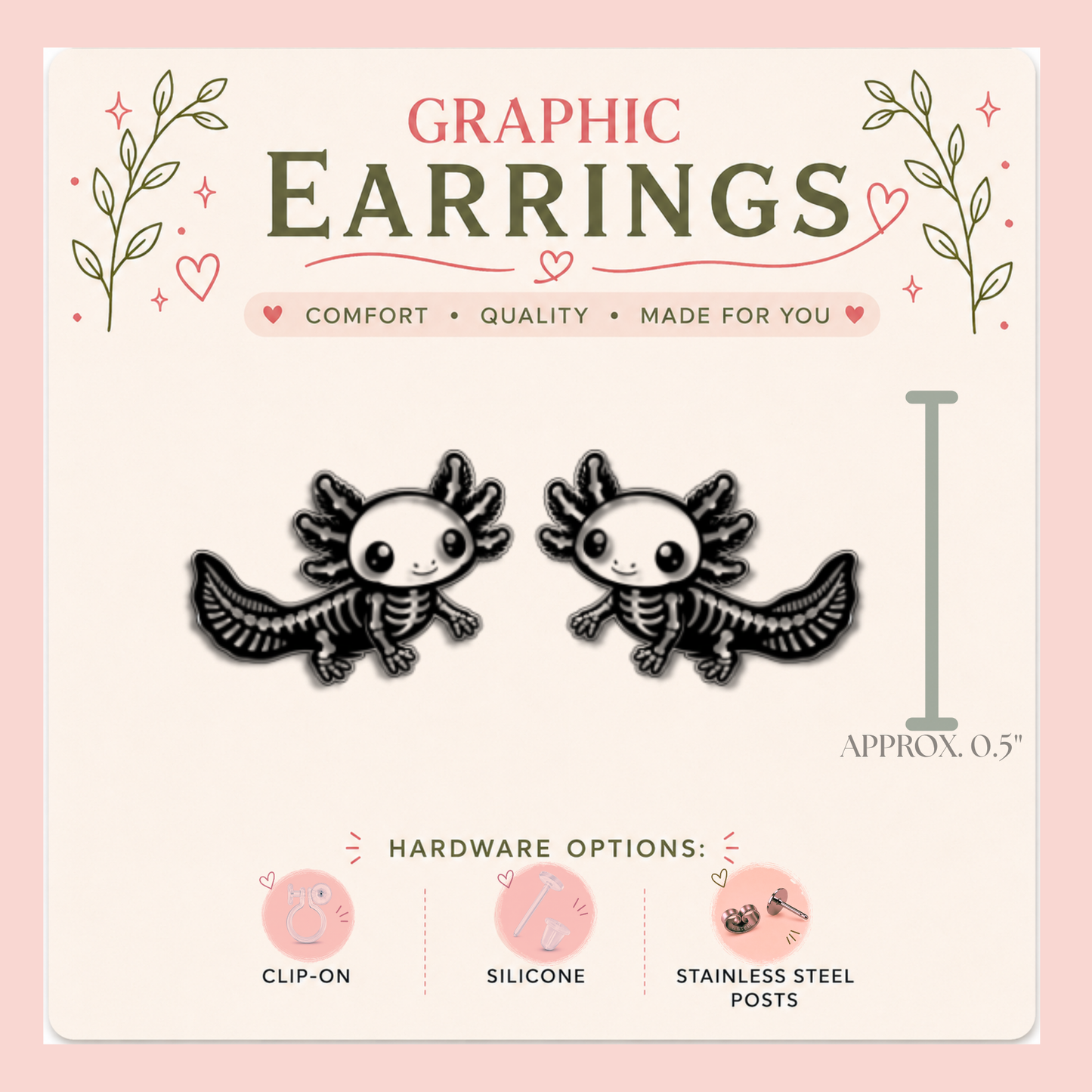Skeleton Axolotl Stud Earrings, Spooky Lightweight Plastic Animal Studs, Halloween Jewelry (0.5")