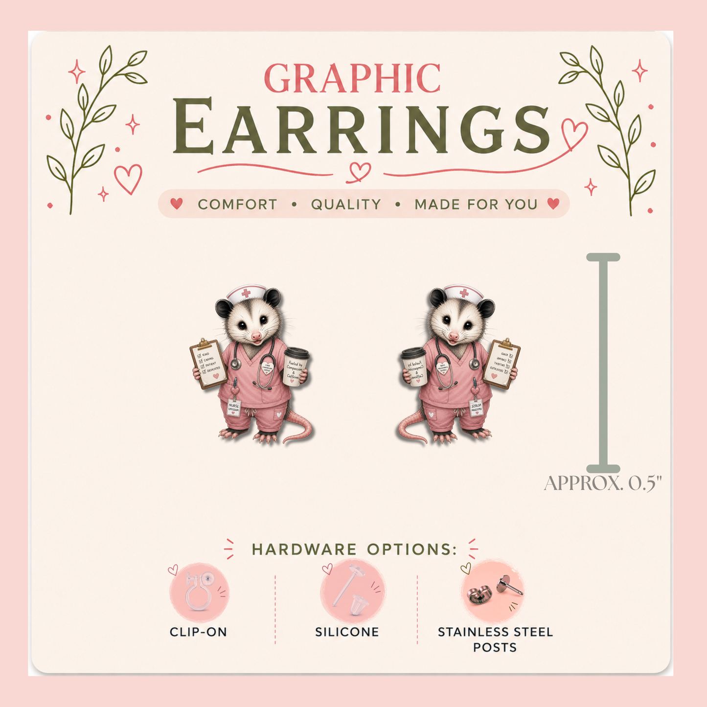 Nurse Opossum Stud Earrings, Cute Nurse Earrings, Possum Earrings, Healthcare Worker Gift, Nurse Appreciation Jewelry