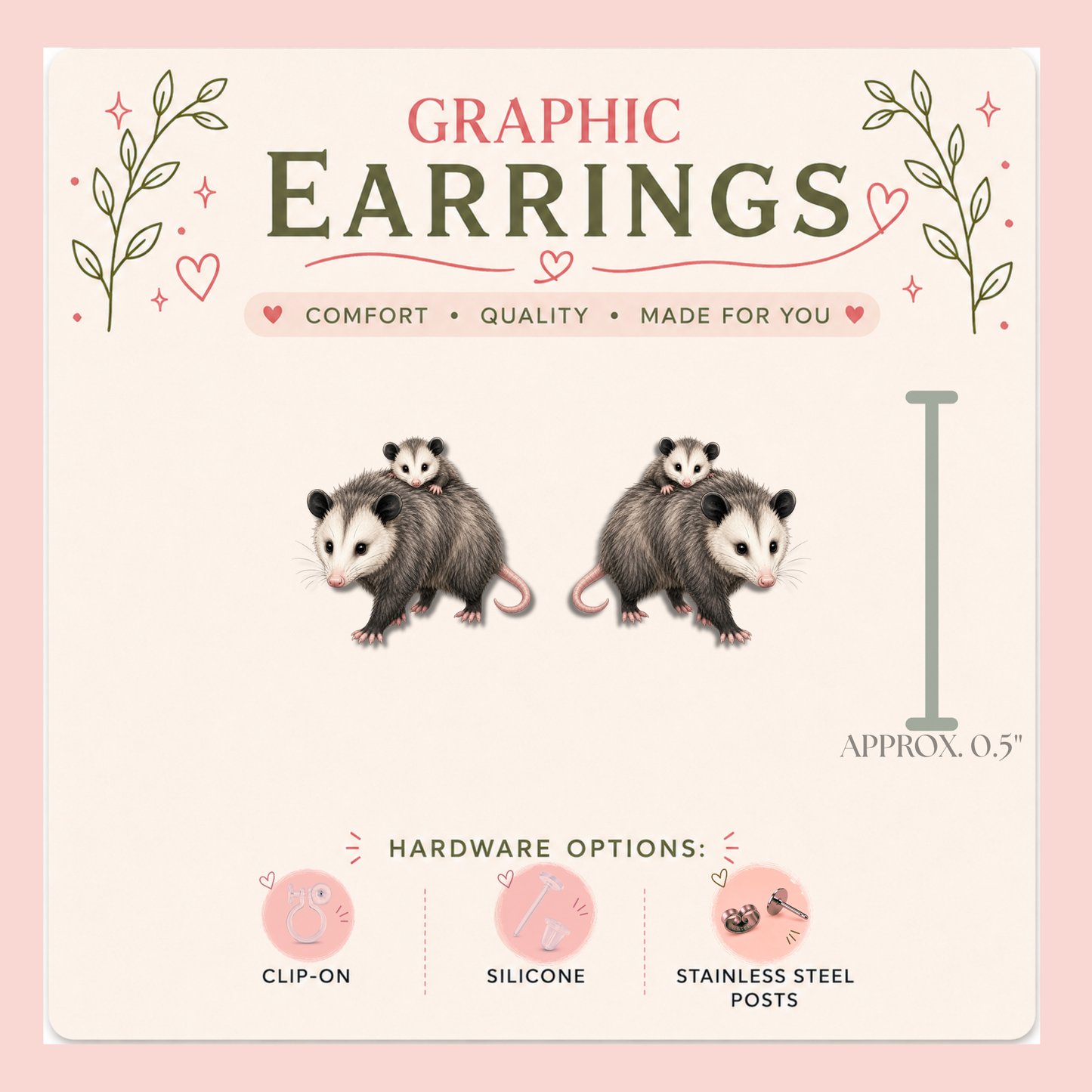 Opossum Mom and Baby Stud Earrings, Baby on Back, Woodland Animal, Lightweight Plastic (0.5")