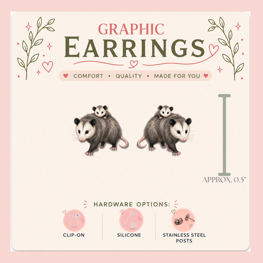 Opossum Mom and Baby Stud Earrings, Baby on Back, Woodland Animal, Lightweight Plastic (0.5")