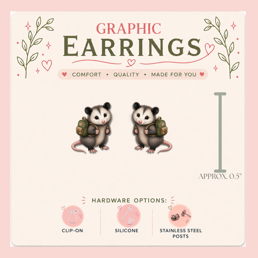 Opossum Backpack Stud Earrings, Cute Possum, Green Backpack, Woodland Animal, Lightweight Plastic (0.5")