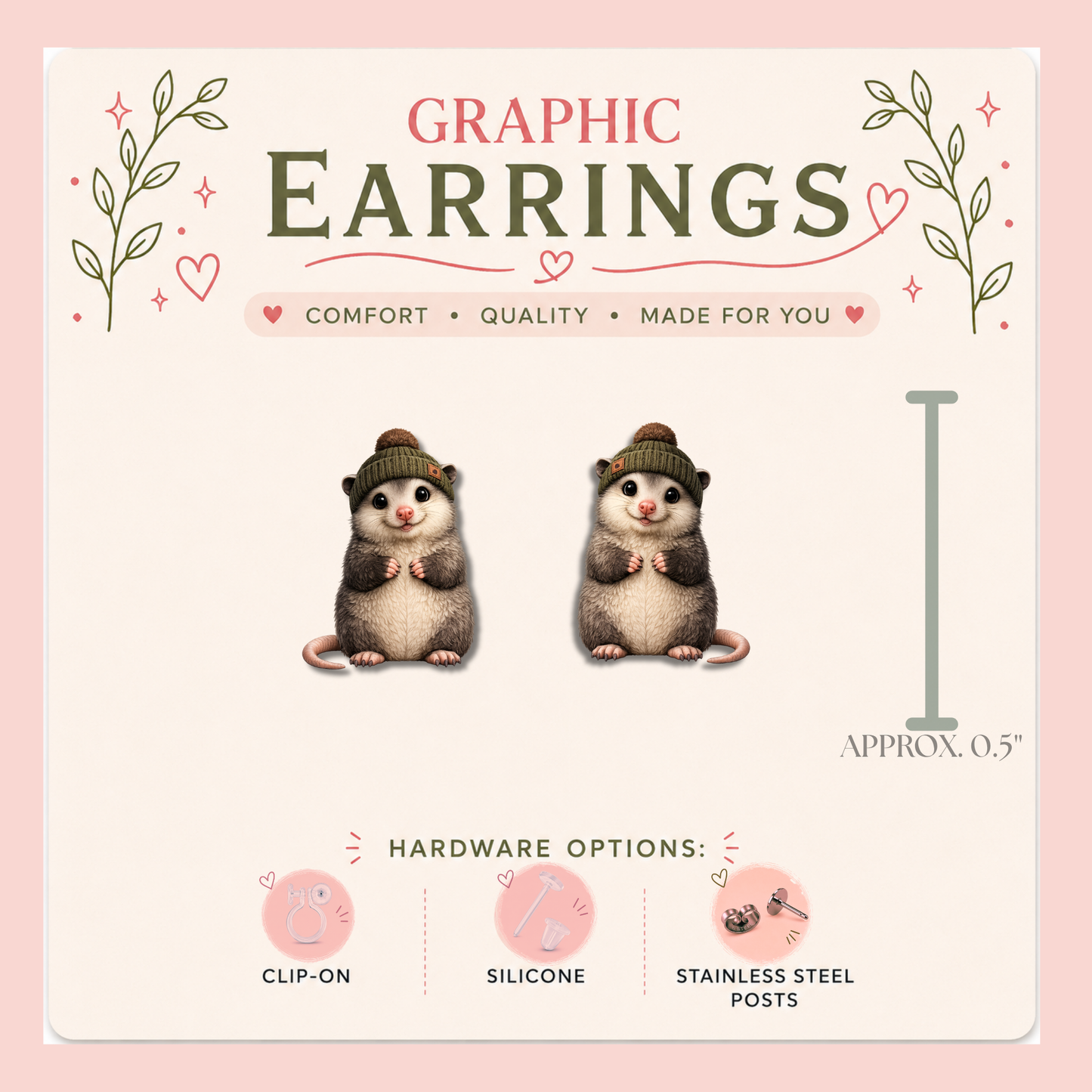 Opossum Beanie Stud Earrings, Green Knit Hat, Pom Pom, Cute Woodland Animal, Lightweight Plastic (0.5")