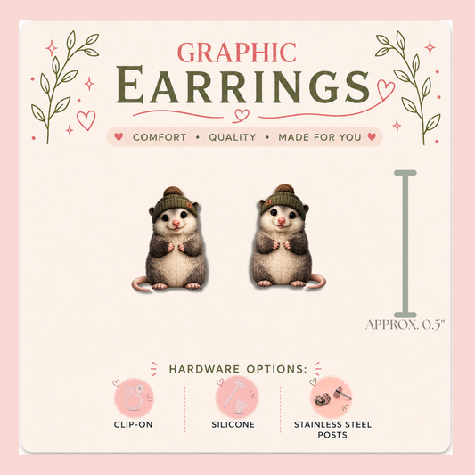 Opossum Beanie Stud Earrings, Green Knit Hat, Pom Pom, Cute Woodland Animal, Lightweight Plastic (0.5")