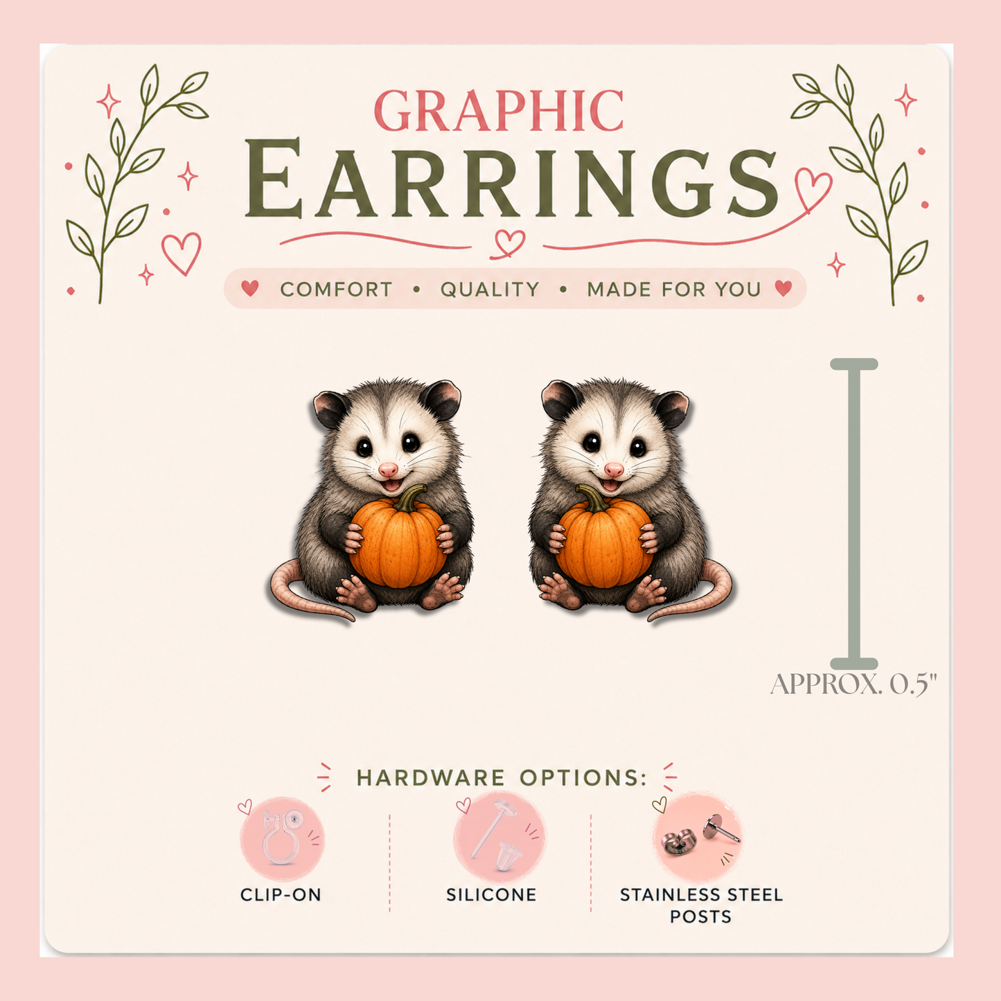 Opossum Pumpkin Stud Earrings, Cute Possum, Fall Halloween Jewelry, Orange Pumpkin, Lightweight Plastic (0.5")