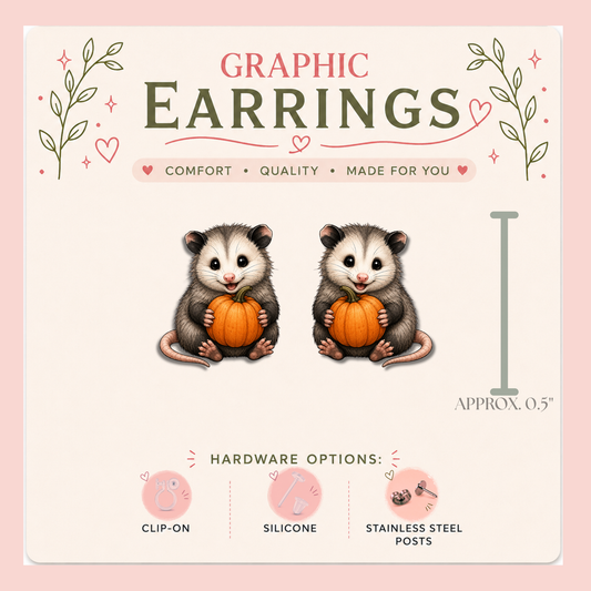 Opossum Pumpkin Stud Earrings, Cute Possum, Fall Halloween Jewelry, Orange Pumpkin, Lightweight Plastic (0.5")