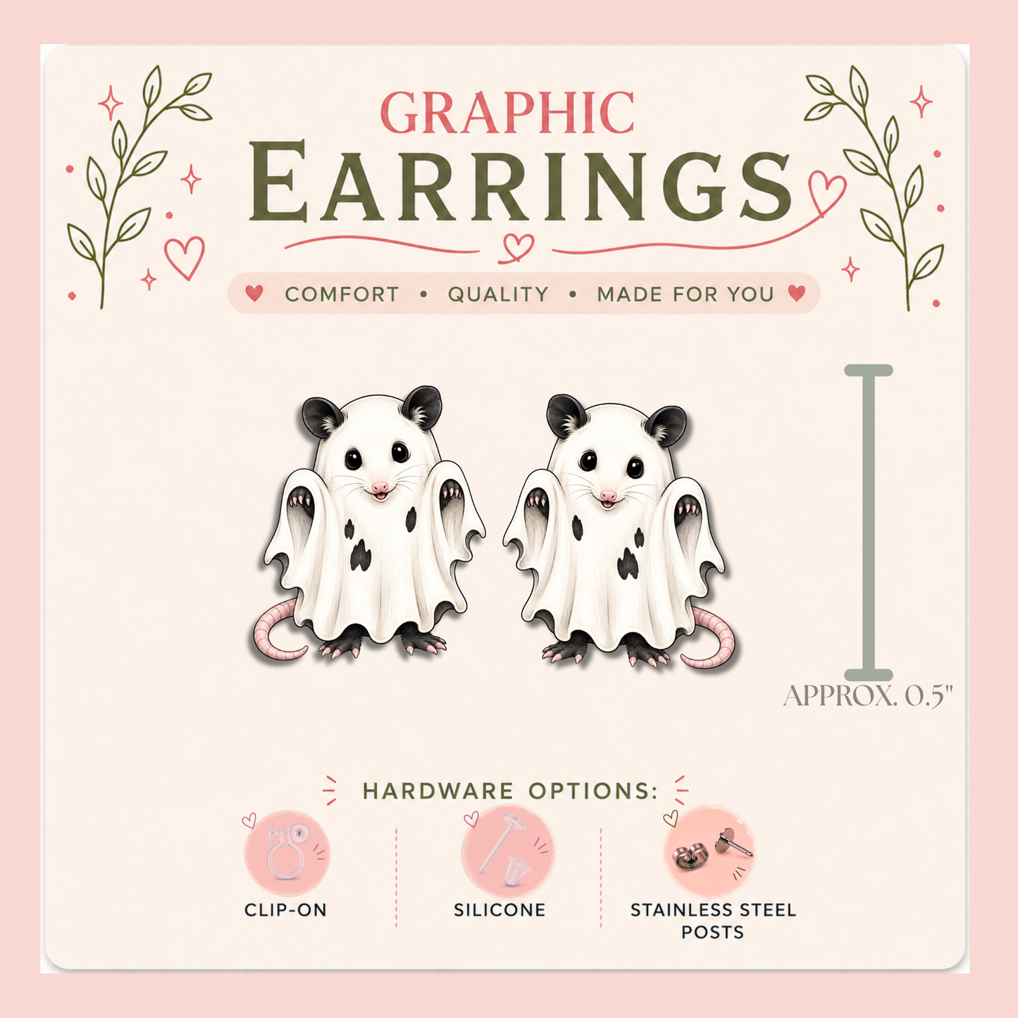 Ghost Opossum Stud Earrings, Cute Possum Ghost, Halloween Jewelry, Spooky Animal, Lightweight Plastic (0.5")