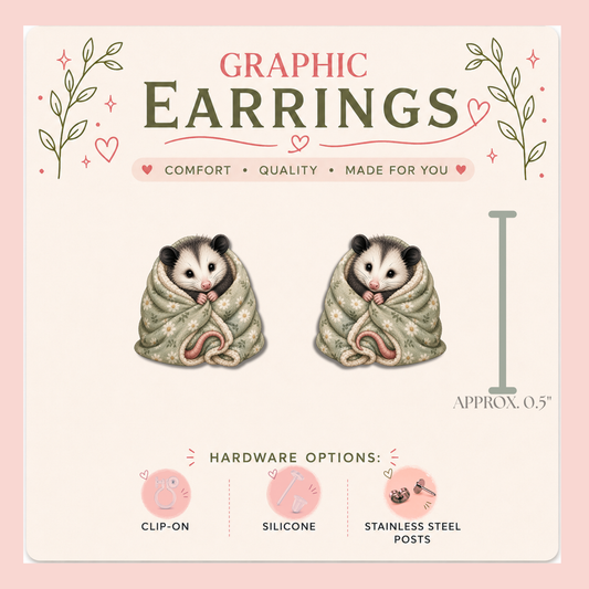 Cozy Opossum Stud Earrings, Possum in Floral Blanket, Cute Animal Jewelry, Cottagecore Gift, Lightweight Plastic (0.5")