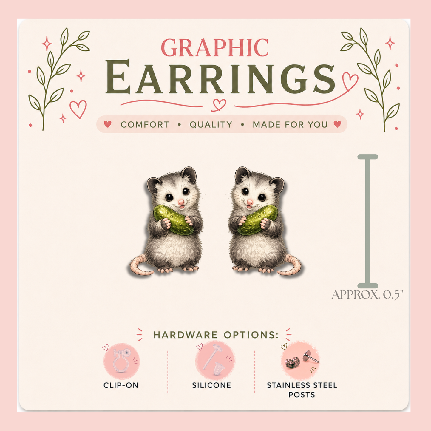 Opossum Pickle Stud Earrings, Cute Possum, Pickle Lover Gift, Funny Animal Jewelry, Lightweight Plastic (0.5")