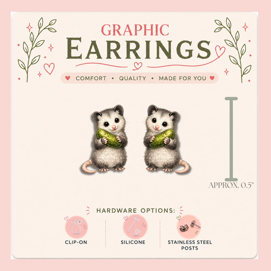 Opossum Pickle Stud Earrings, Cute Possum, Pickle Lover Gift, Funny Animal Jewelry, Lightweight Plastic (0.5")
