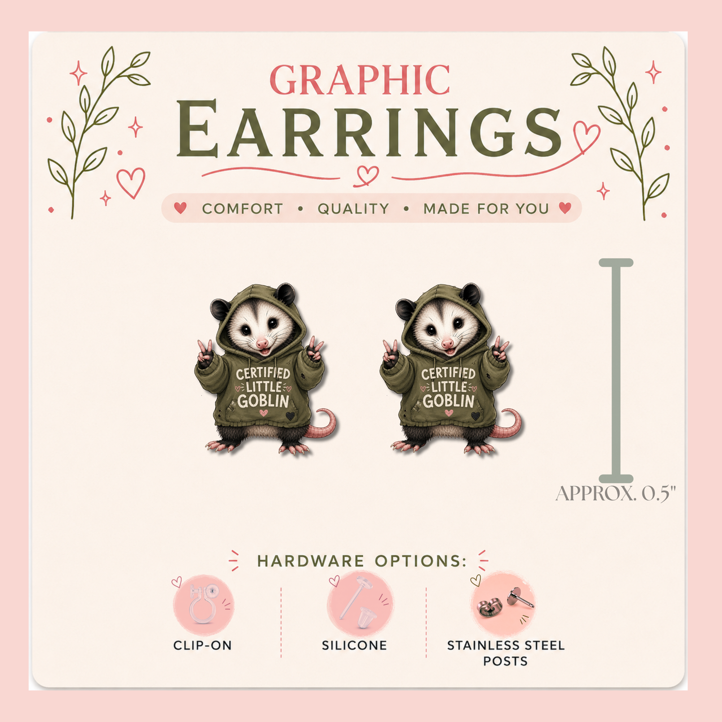 Certified Little Goblin Opossum Stud Earrings, Funny Possum, Green Hoodie, Quirky Animal, Lightweight Plastic (0.5")
