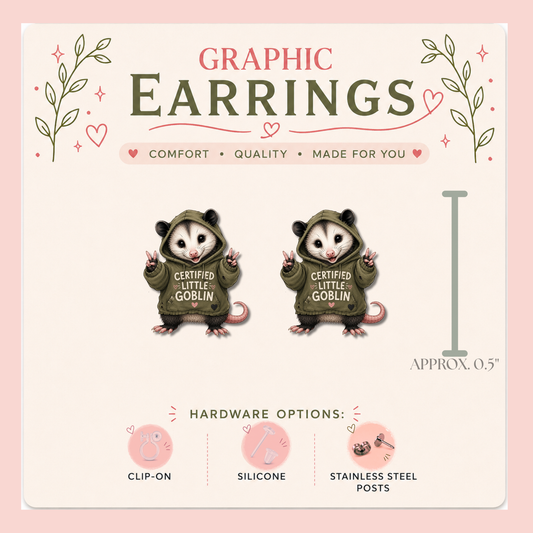 Certified Little Goblin Opossum Stud Earrings, Funny Possum, Green Hoodie, Quirky Animal, Lightweight Plastic (0.5")