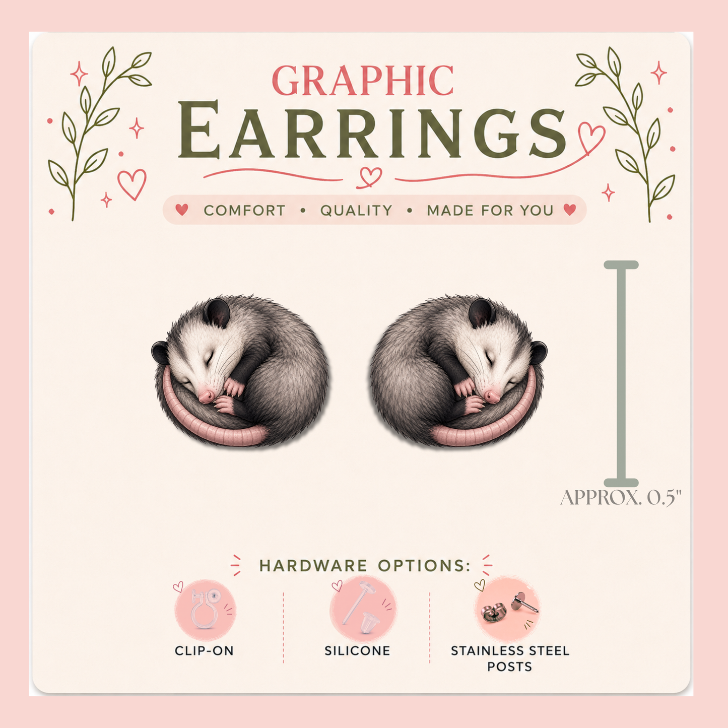 Sleeping Opossum Stud Earrings, Curled Up Possum, Cute Animal Jewelry, Cozy Woodland Gift, Lightweight Plastic (0.5")