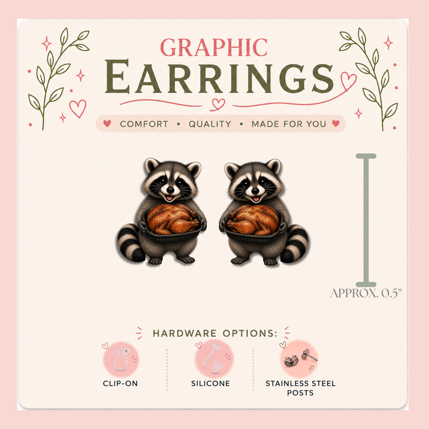 Raccoon Rotisserie Chicken Stud Earrings, Funny Trash Panda, Foodie Animal Jewelry, Lightweight Plastic (0.5")