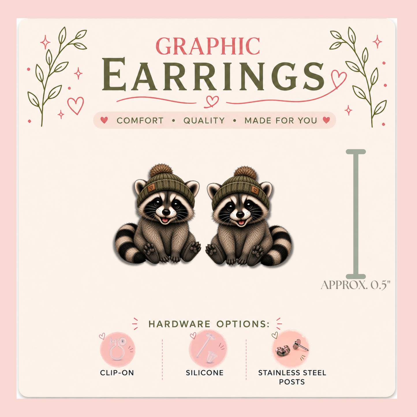 Raccoon Beanie Stud Earrings, Cute Trash Panda, Cozy Woodland Animal, Lightweight Plastic (0.5")