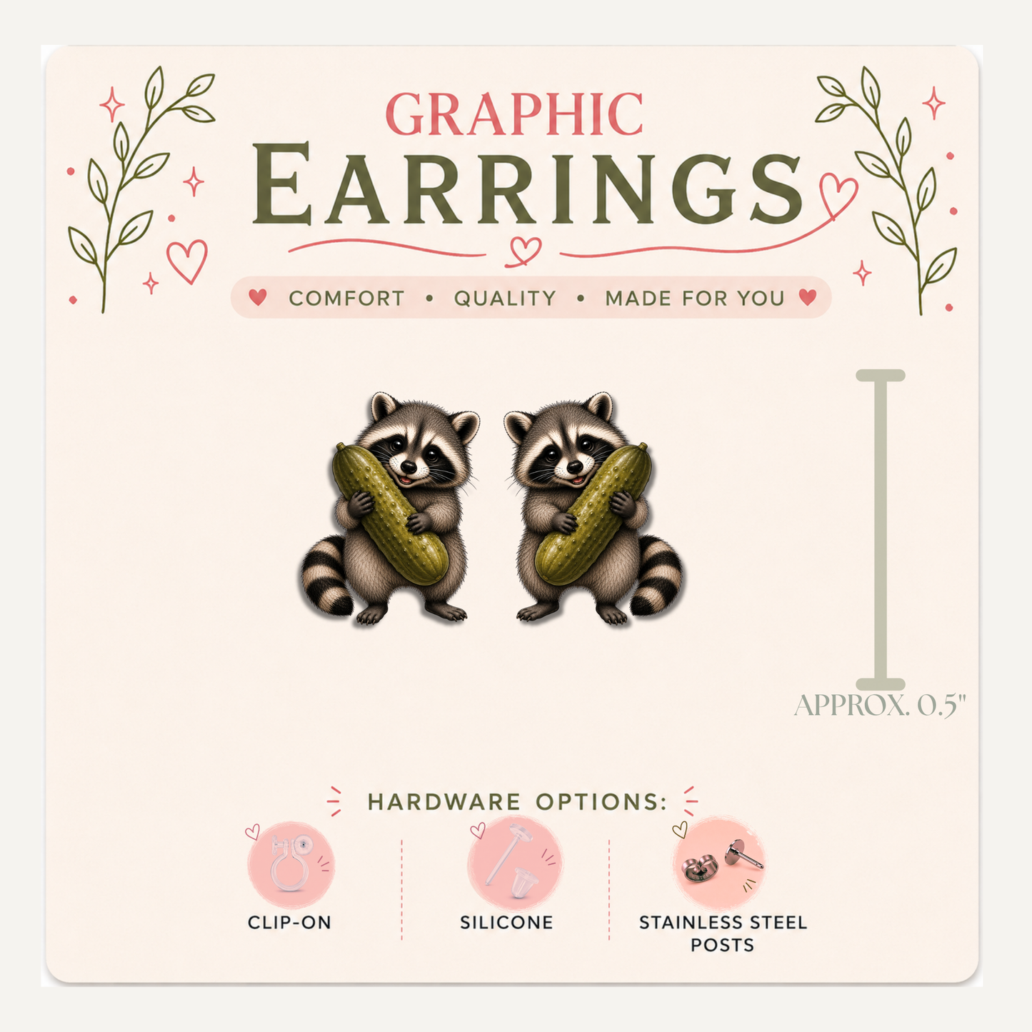 Raccoon Pickle Stud Earrings, Cute Trash Panda, Pickle Lover Gift, Funny Animal Jewelry, Lightweight Plastic (0.5")
