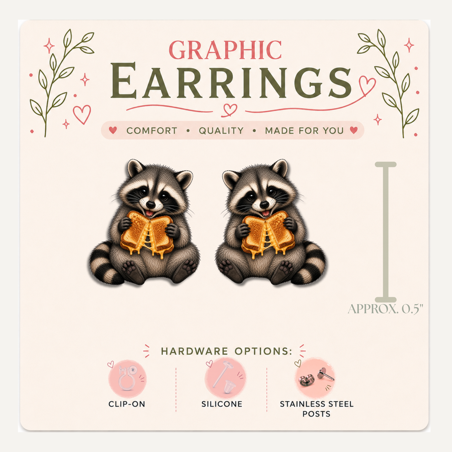 Raccoon Grilled Cheese Stud Earrings, Cute Trash Panda, Foodie Animal Jewelry, Lightweight Plastic (0.5")