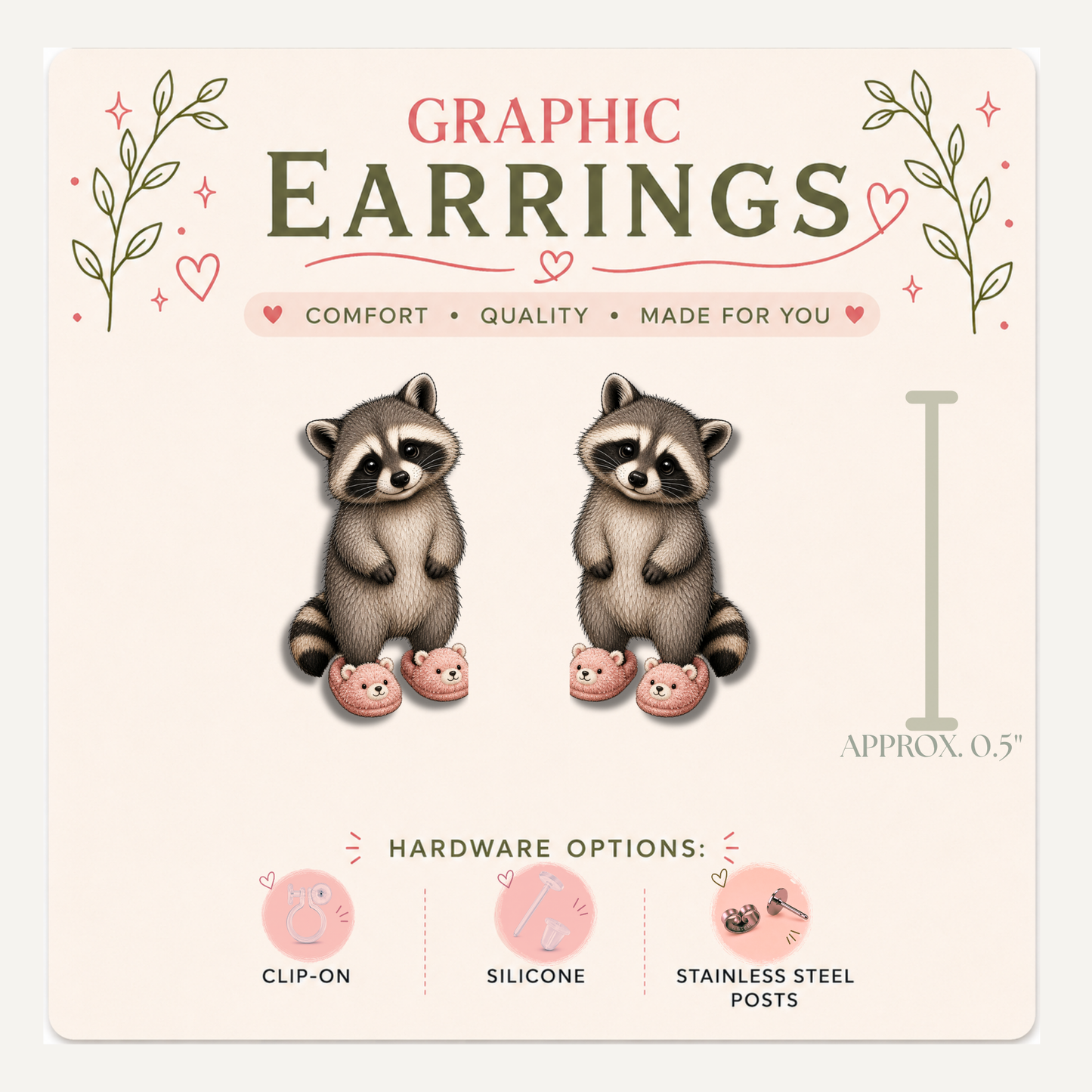 Raccoon Slippers Stud Earrings, Cute Trash Panda, Pink Bear Slippers, Cozy Animal Jewelry, Lightweight Plastic (0.5")
