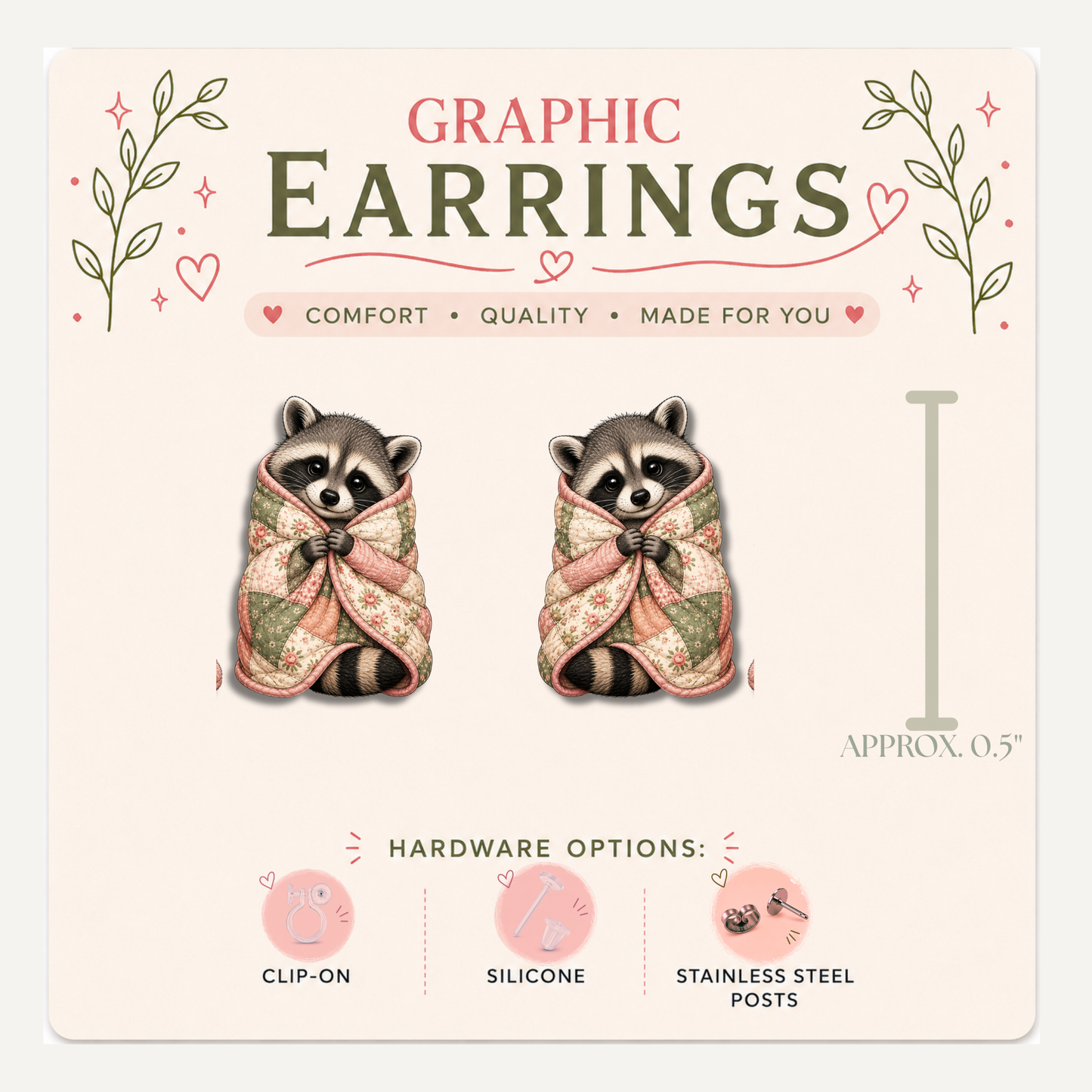 Raccoon Quilt Stud Earrings, Cozy Trash Panda, Floral Patchwork Blanket, Cute Woodland Jewelry, Lightweight Plastic (0.5")