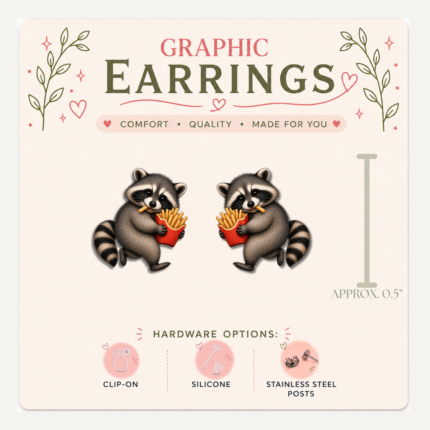 Raccoon French Fry Stud Earrings, Cute Trash Panda, French Fries, Funny Food Jewelry, Lightweight Plastic (0.5")