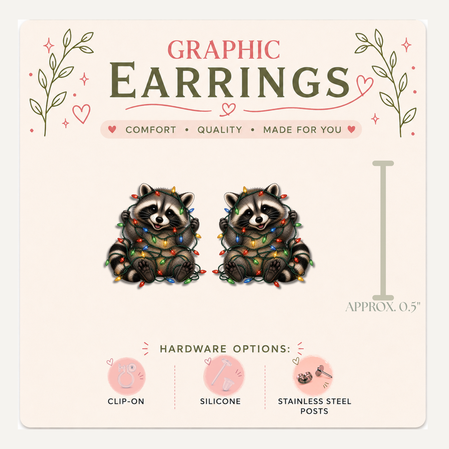 Raccoon Christmas Lights Stud Earrings, Tangled Trash Panda, Holiday Animal Jewelry, Lightweight Plastic (0.5")