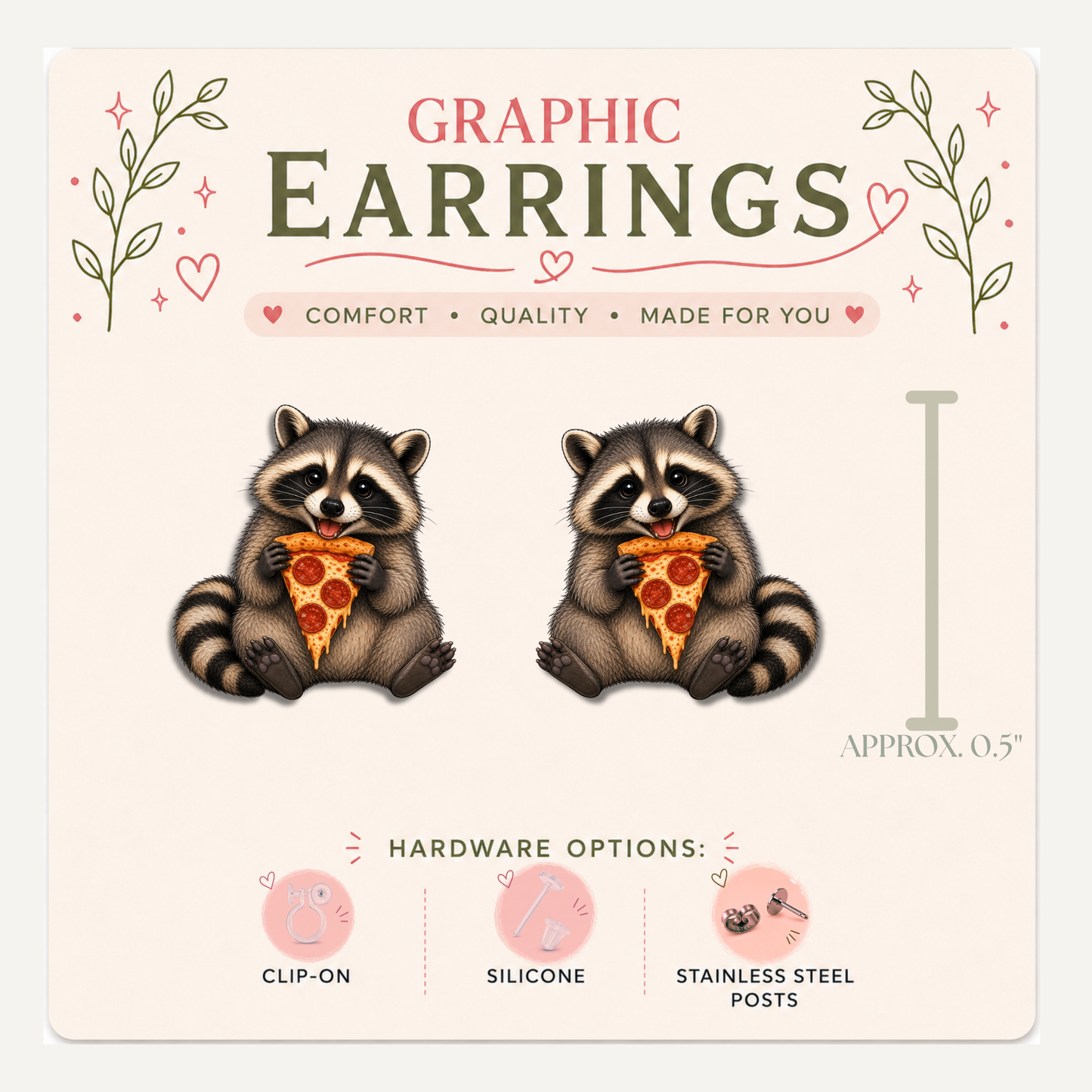 Raccoon Pizza Stud Earrings, Pepperoni Pizza, Cute Trash Panda, Funny Food Jewelry, Lightweight Plastic (0.5")