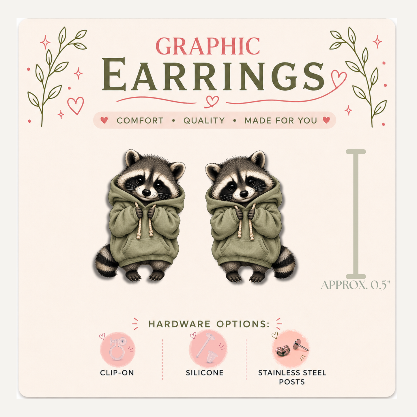 Raccoon Hoodie Stud Earrings, Cozy Raccoon, Green Hoodie, Cute Trash Panda, Lightweight Plastic (0.5")