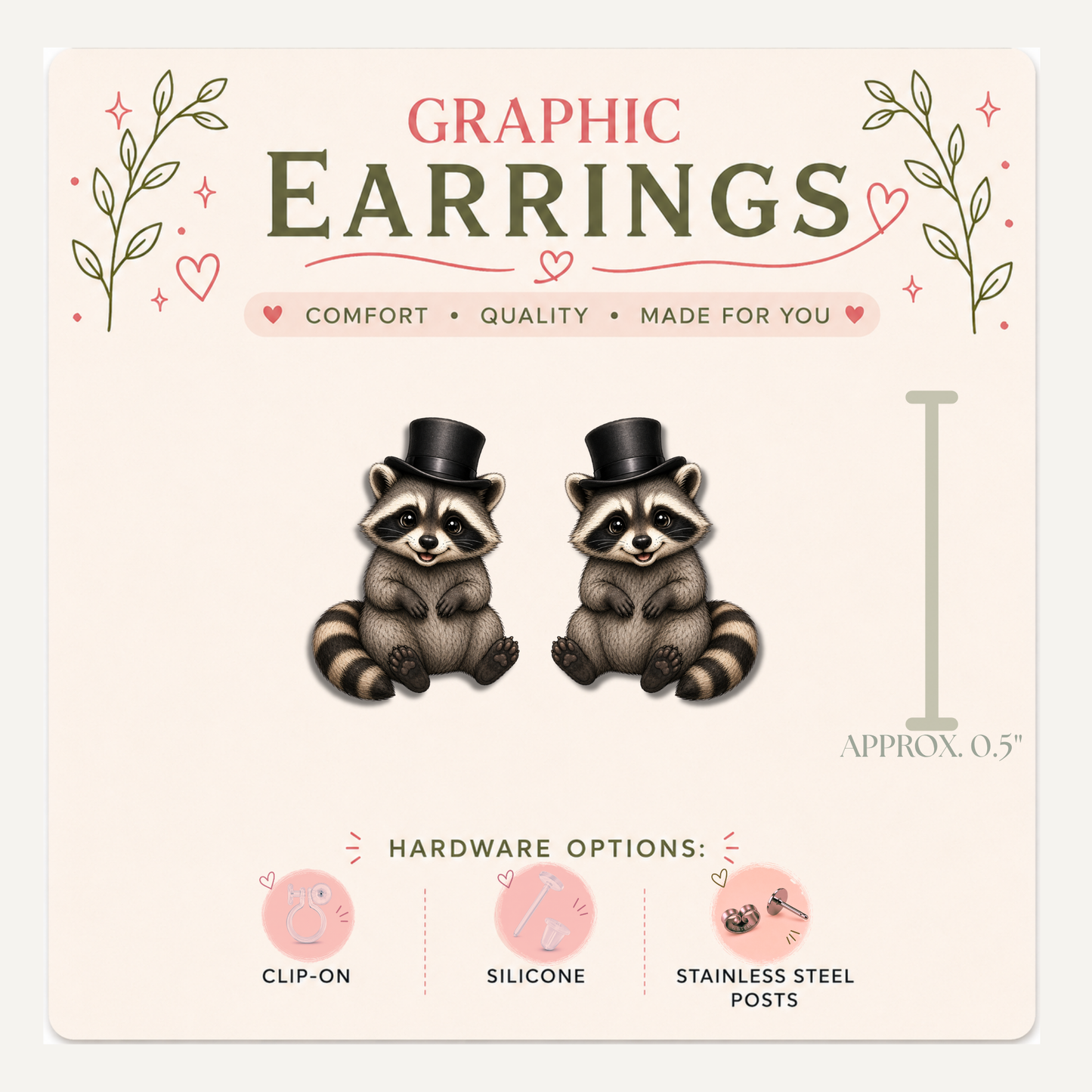 Raccoon Top Hat Stud Earrings, Dapper Trash Panda, Cute Woodland Animal, Lightweight Plastic (0.5")