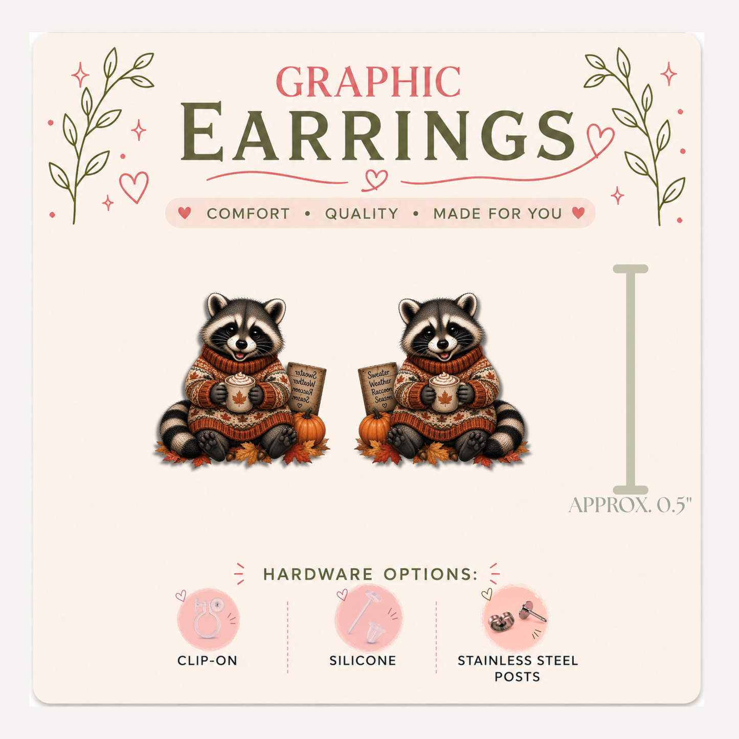 Fall Raccoon Stud Earrings, Cozy Sweater, Pumpkin, Autumn Coffee, Lightweight Plastic (0.5")