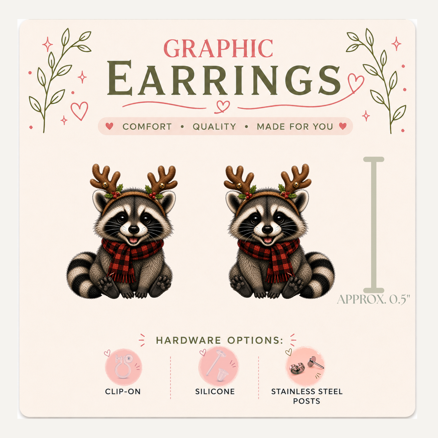 Christmas Raccoon Stud Earrings, Reindeer Antlers, Plaid Scarf, Holiday Trash Panda, Lightweight Plastic (0.5")