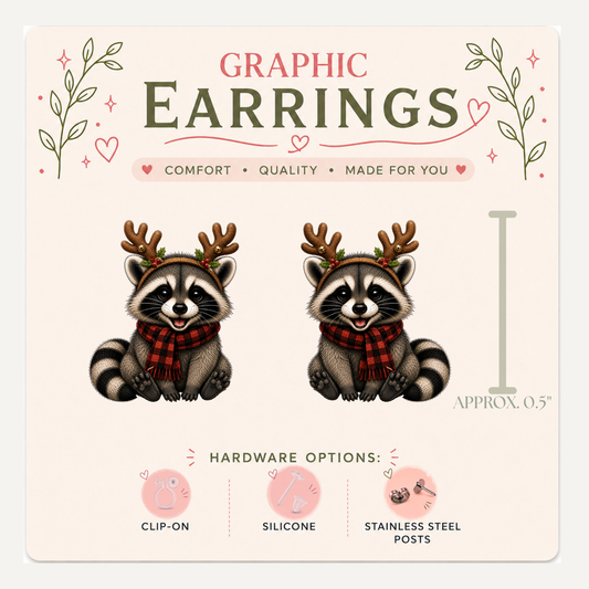 Christmas Raccoon Stud Earrings, Reindeer Antlers, Plaid Scarf, Holiday Trash Panda, Lightweight Plastic (0.5")