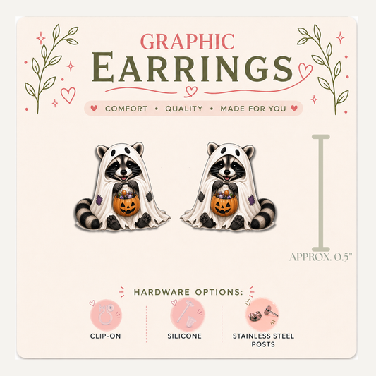 Halloween Raccoon Stud Earrings, Ghost Costume, Pumpkin Candy Bucket, Trick or Treat, Lightweight Plastic (0.5")