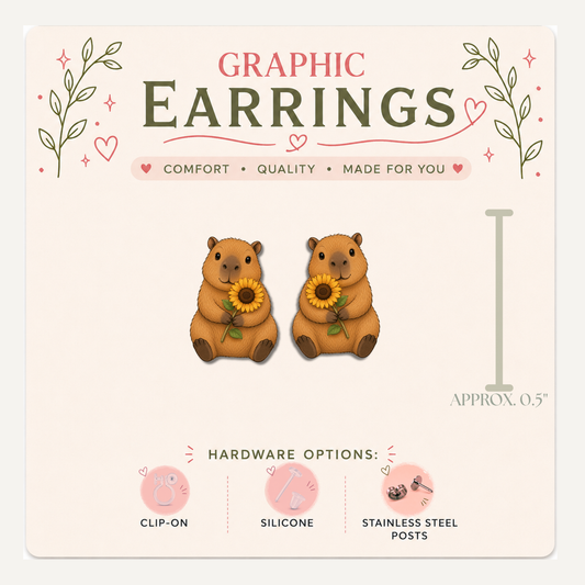 Capybara Sunflower Stud Earrings, Cute Capybara, Yellow Flower, Cottagecore Animal, Lightweight Plastic (0.5")