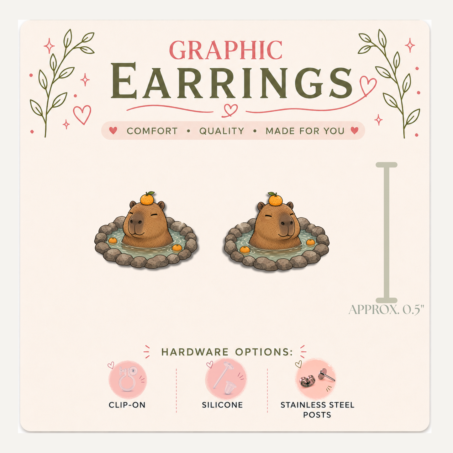 Capybara Hot Spring Stud Earrings, Yuzu Bath, Cute Capybara, Relaxing Spa Animal, Lightweight Plastic (0.5")