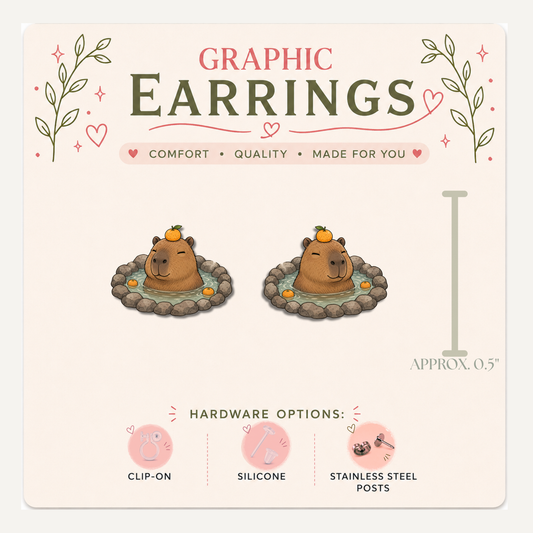 Capybara Hot Spring Stud Earrings, Yuzu Bath, Cute Capybara, Relaxing Spa Animal, Lightweight Plastic (0.5")