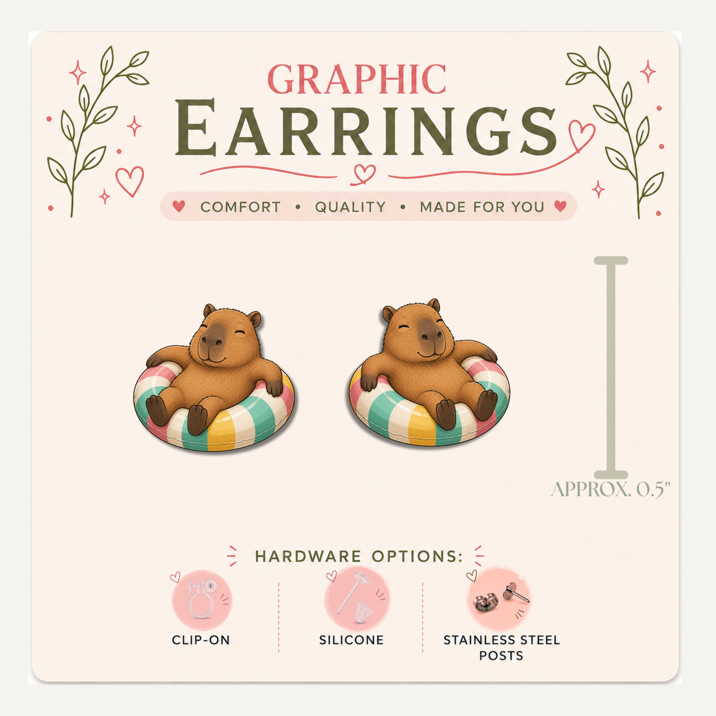 Capybara Pool Float Stud Earrings, Cute Summer Capybara Earrings, Pool Party Animal Studs, Funny Capybara Gift