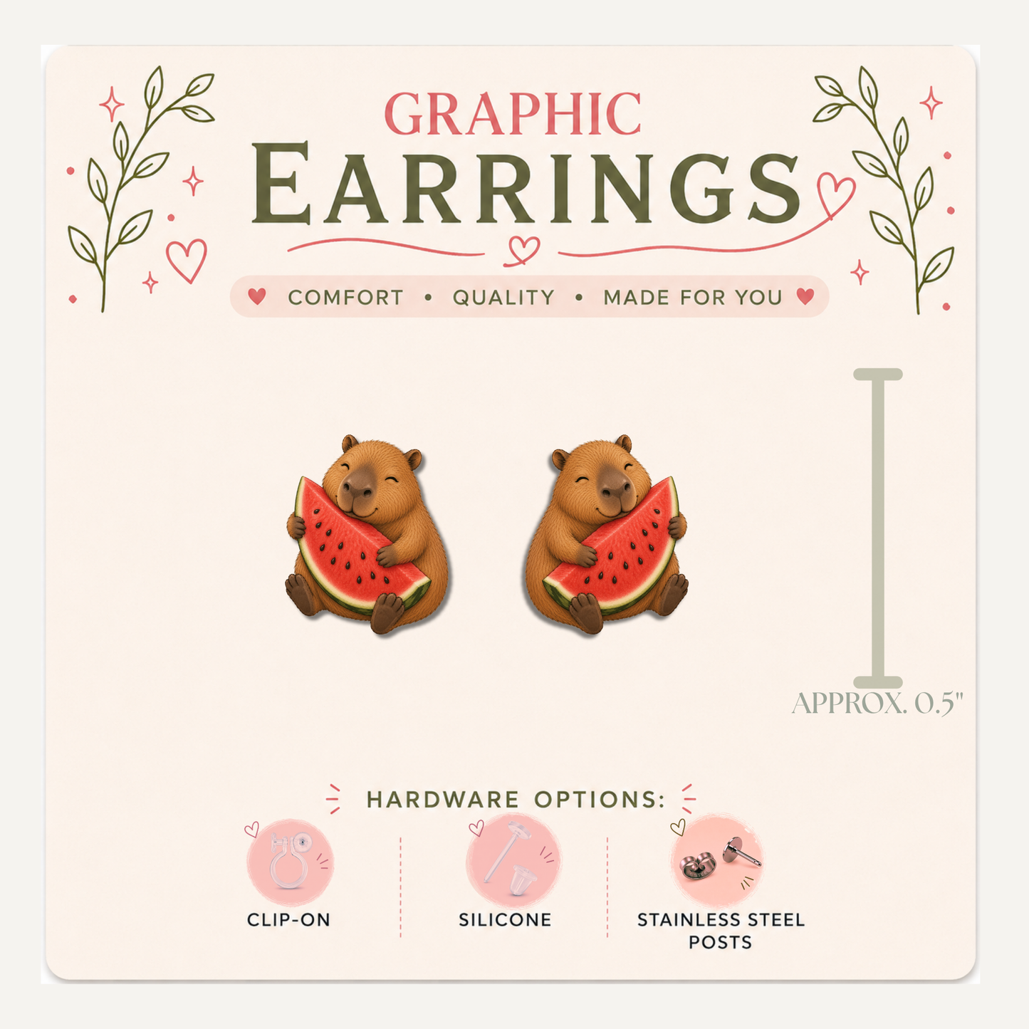 Capybara Watermelon Stud Earrings, Cute Summer Capybara Earrings, Fruit Animal Studs, Kawaii Capybara Gift